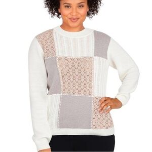 ALFRED DUNNER Cream Textured  Patchwork Knit Crewneck Sweater Size M